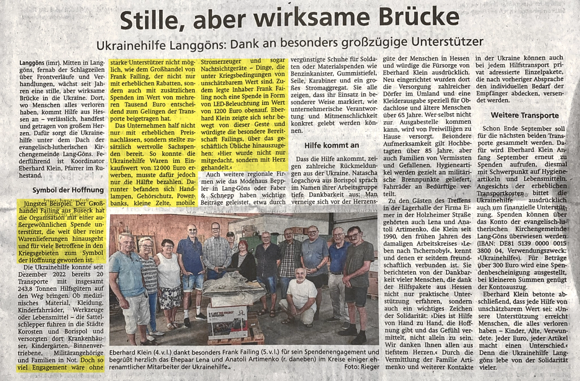 Zeitungsartikel mit dem Titel 'Stille, aber wirksame Brücke' über Ukrainehilfe in Langgöns.
