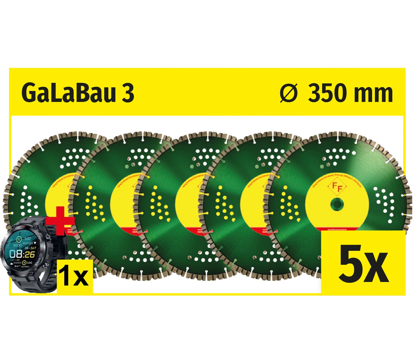Fünf grüne Diamanttrennscheiben mit einem Durchmesser von 350 mm, beschriftet mit 'Galabau 3'.