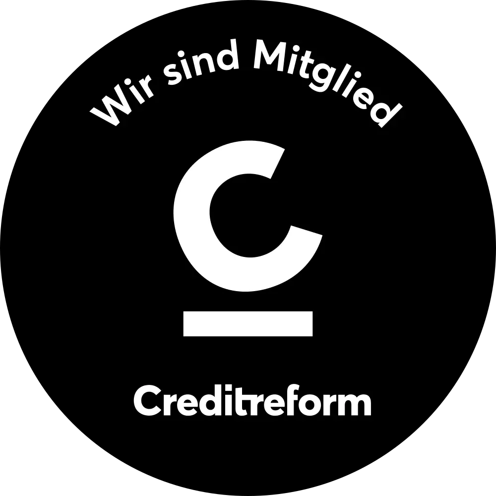 Schwarzes Mitgliedssiegel mit dem Text 'Wir sind Mitglied' und dem Logo von Creditreform.